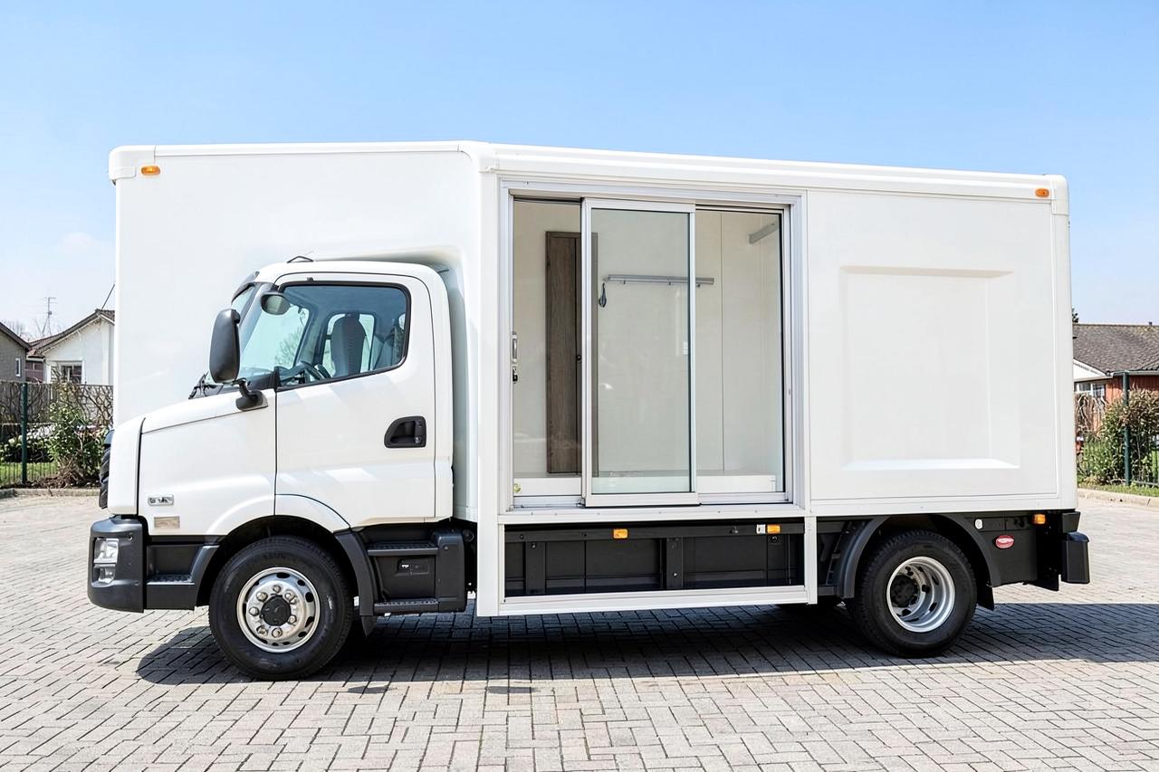 Witte STX Groom-Suite paardenwagen in zijaanzicht op het bedrijfsterrein